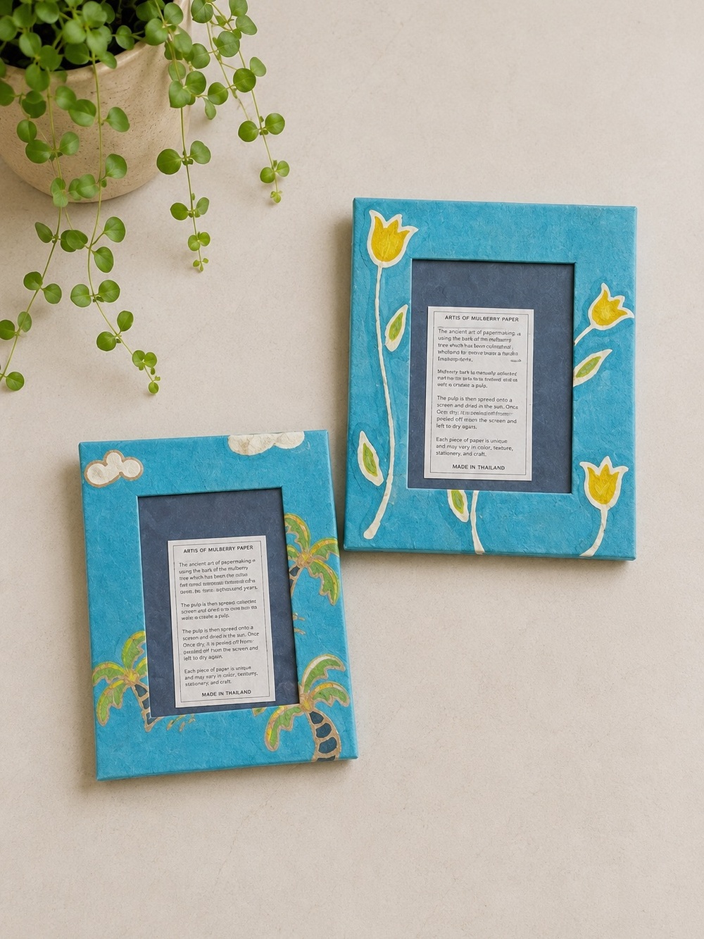Handmade Thai Batik Mulberry Paper Frames Set Turquoise Tropical Folk Art Decor